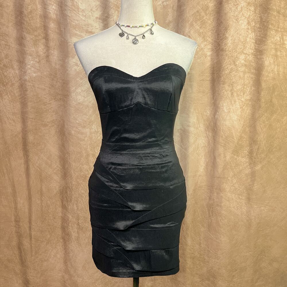 Vintage Y2K Strapless Mini Dress Black Pleated Bodycon 2000s Club Indie Sleaze
